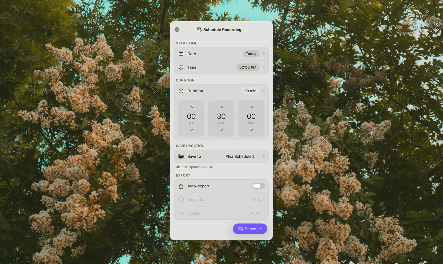 Scheduled recording feature in Phia