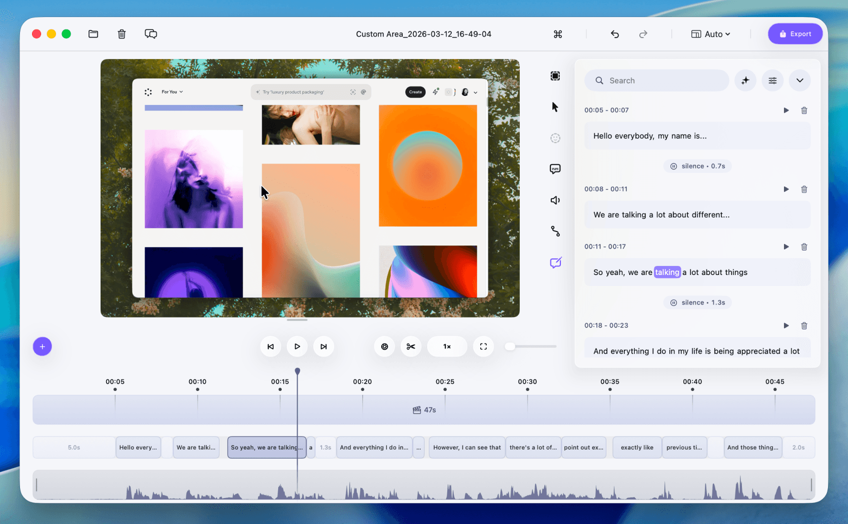 AI transcription based editing in Phia